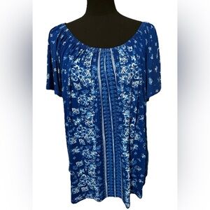 Style & Co Women's Blue/White Short Sleeve Printed Blouse, Size 2X, NWT